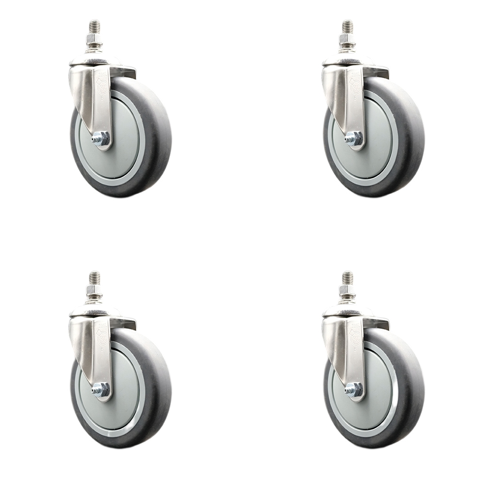 Thermoplastic Rubber Swivel Stem Caster Set of 4 with 5 Inch Caster Wheels - 1/2" Threaded Stems - 316 Stainless Steel Casters - Includes 4 Swivel Casters - Service Caster Brand — photo 1