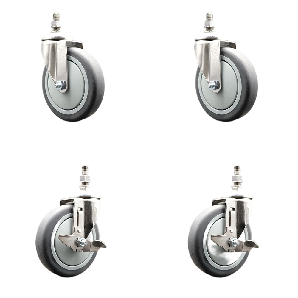 Thermoplastic Rubber Swivel Stem Caster Set of 4 with 5 Inch Caster Wheels-3/8" Threaded Stems-316 Stainless Steel Caster-Include 2 Swivel Casters with Top Lock Brake and 2 Swivel-Service Caster Brand — photo 1