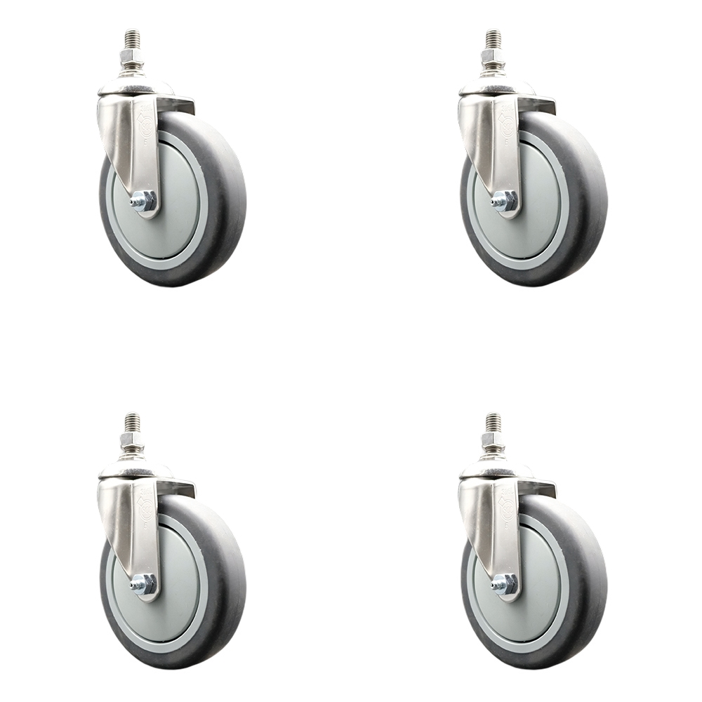 Thermoplastic Rubber Swivel Stem Caster Set of 4 with 5 Inch Caster Wheels - 3/8" Threaded Stems - 316 Stainless Steel Casters - Includes 4 Swivel Casters - Service Caster Brand — photo 1