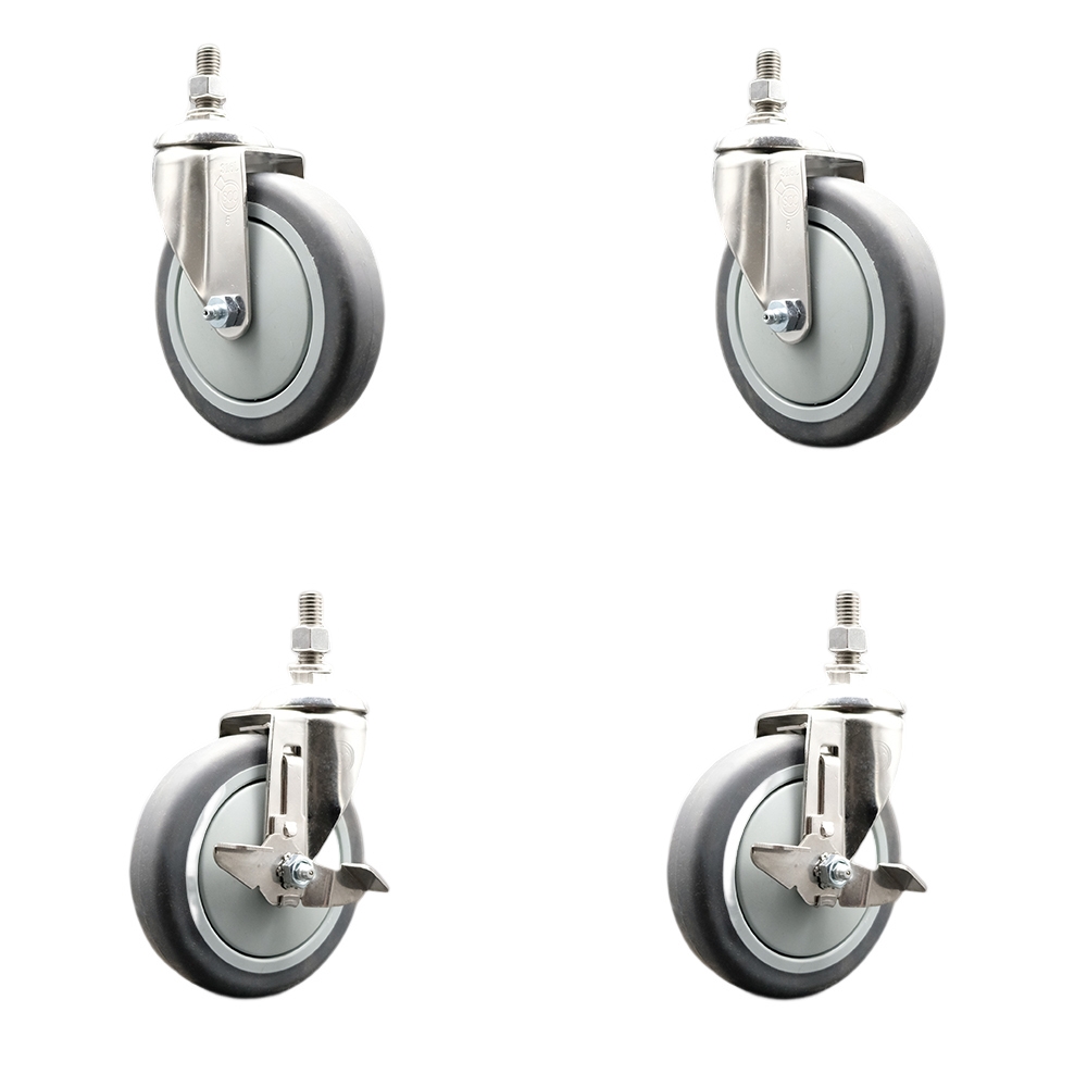 Thermoplastic Rubber Swivel Stem Caster Set of 4 with 5 Inch Caster Wheels-10mm Threaded Stems-316 Stainless Steel Caster-Include 2 Swivel Casters with Top Lock Brake and 2 Swivel-Service Caster Brand — photo 1
