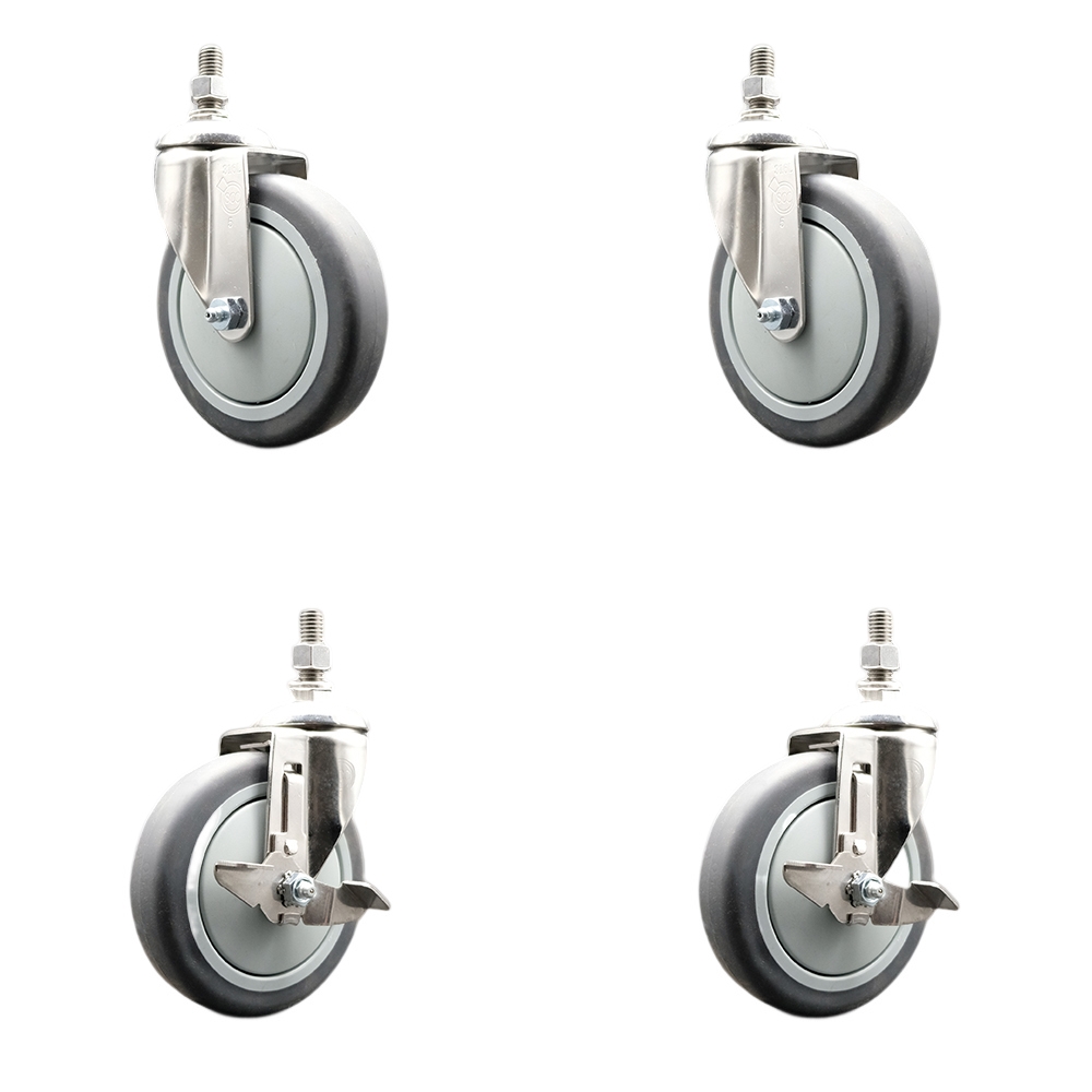 Thermoplastic Rubber Swivel Stem Caster Set of 4 with 5 Inch Caster Wheels-12mm Threaded Stems-316 Stainless Steel Caster-Include 2 Swivel Casters with Top Lock Brake and 2 Swivel-Service Caster Brand — photo 1