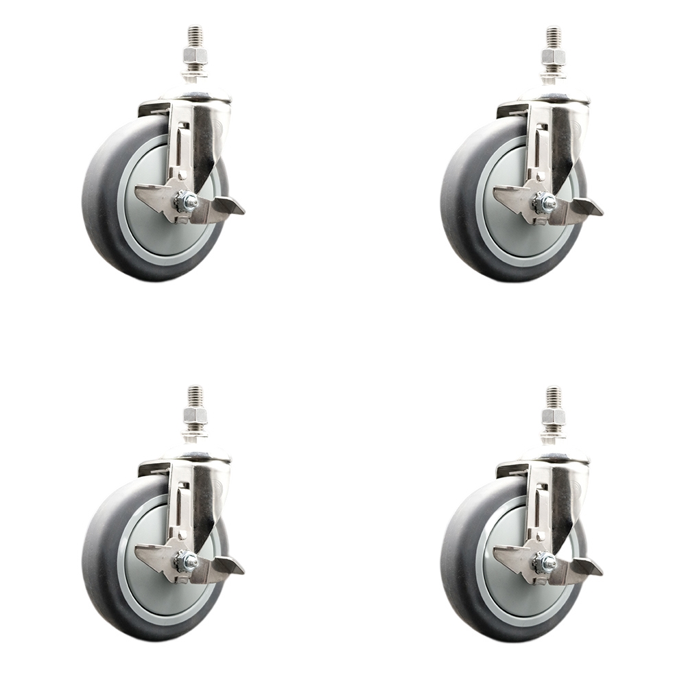 Thermoplastic Rubber Swivel Stem Caster Set of 4 with 5 Inch Caster Wheels - 1/2" Threaded Stems - 316 Stainless Steel Casters - Includes 4 Swivel Casters with Top Lock Brakes - Service Caster Brand — photo 1
