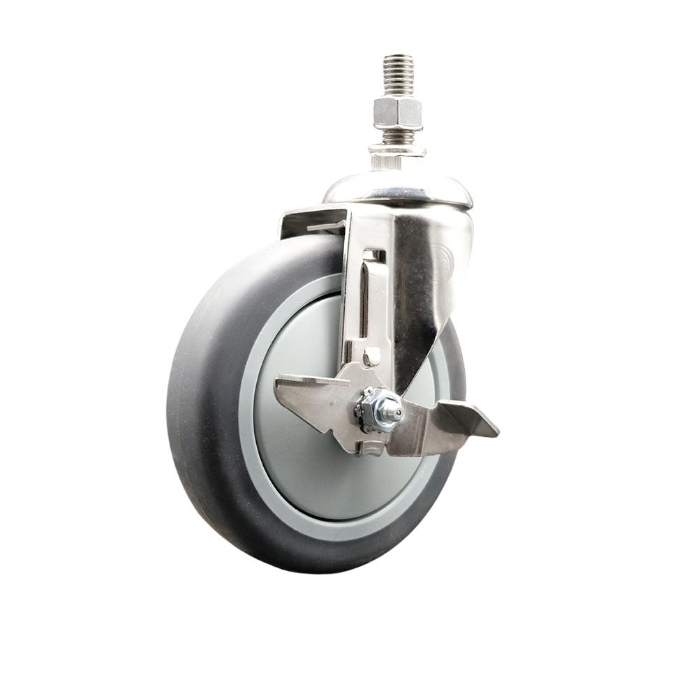 Thermoplastic Rubber Swivel Stem Caster with 5 Inch Gray Caster Wheel and Top Lock Brake - 1/2" Threaded Stem - 316 Stainless Steel Caster - 300 lbs. Capacity Per Caster - Service Caster Brand — photo 1
