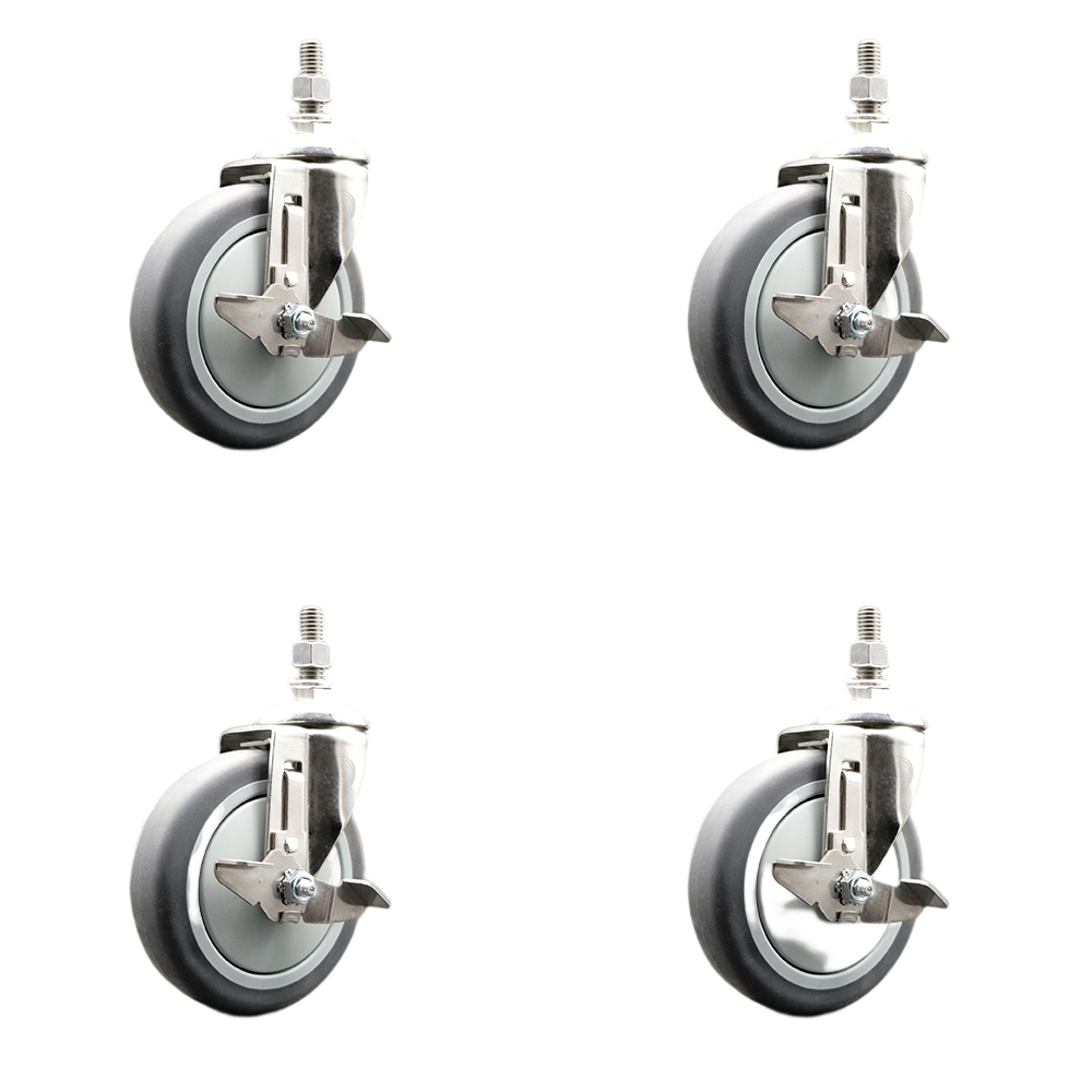 Thermoplastic Rubber Swivel Stem Caster Set of 4 with 5 Inch Caster Wheels - 3/8" Threaded Stems - 316 Stainless Steel Casters - Includes 4 Swivel Casters with Top Lock Brakes - Service Caster Brand — photo 1
