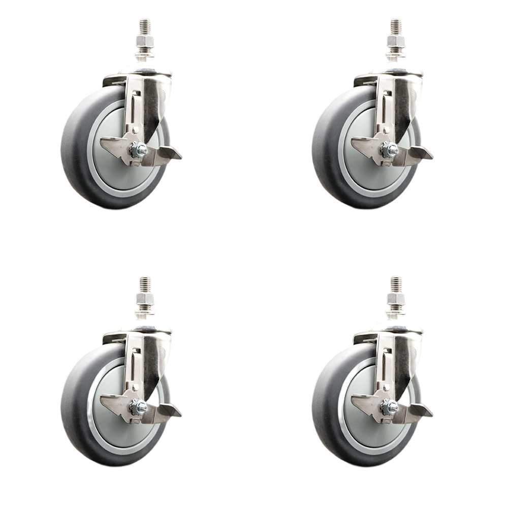 Thermoplastic Rubber Swivel Stem Caster Set of 4 with 5 Inch Caster Wheels - 10mm Metric Threaded Stems -316 Stainless Steel Casters-Includes 4 Swivel Casters with Top Lock Brakes-Service Caster Brand — photo 1