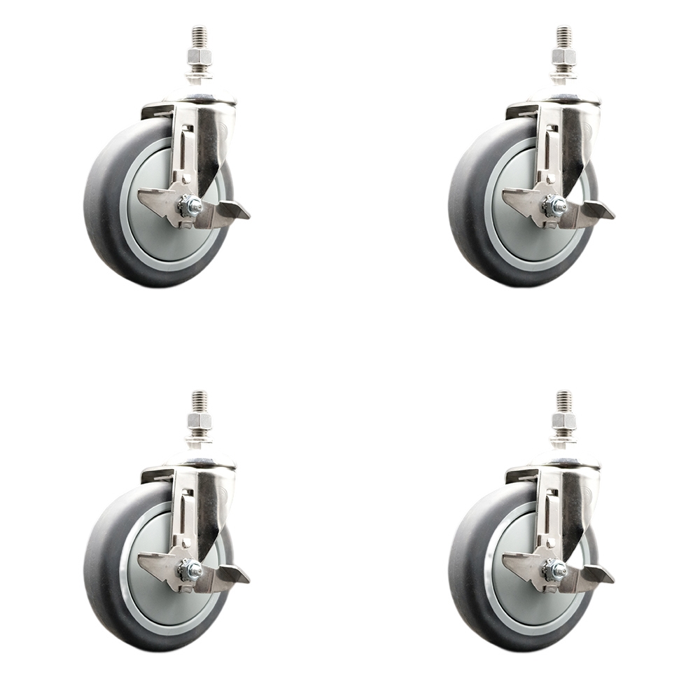 Thermoplastic Rubber Swivel Stem Caster Set of 4 with 5 Inch Caster Wheels - 12mm Metric Threaded Stems -316 Stainless Steel Casters-Includes 4 Swivel Casters with Top Lock Brakes-Service Caster Brand — photo 1
