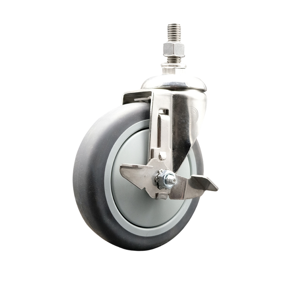 Thermoplastic Rubber Swivel Stem Caster with 5 Inch Gray Caster Wheel and Top Lock Brake - 12mm Metric Threaded Stem - 316 Stainless Steel Caster - 300 lbs. Capacity Per Caster - Service Caster Brand — photo 1