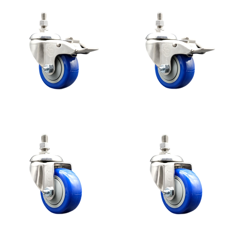 Poly Swivel Stem Caster Set of 4 with 3.5 Inch Blue Caster Wheels - 1/2" Threaded Stems -316 Stainless Steel Casters-Includes 2 Swivel Casters with Total Lock Brakes and 2 Swivel-Service Caster Brand — photo 1