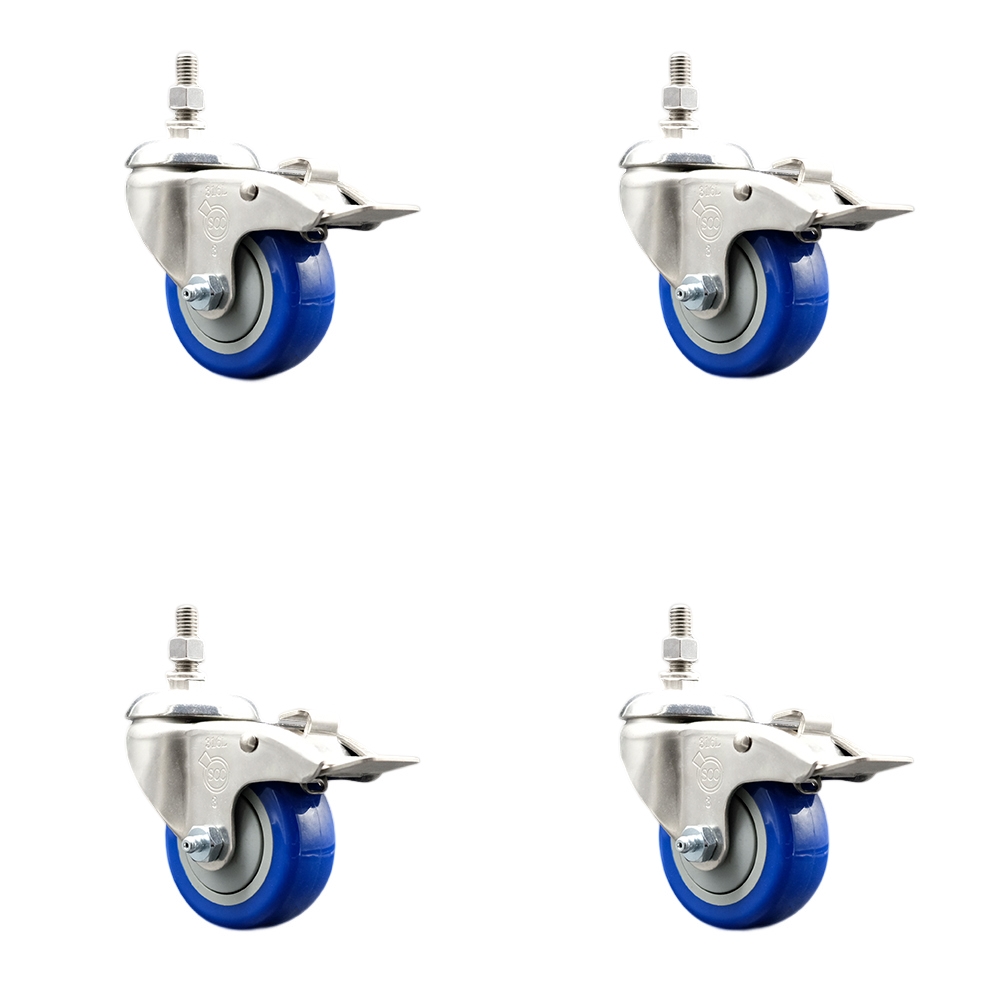 Polyurethane Swivel Stem Caster Set of 4 with 3.5 Inch Blue Caster Wheels - 1/2" Threaded Stems - 316 Stainless Steel Casters - Includes 4 Swivel Casters with Total Lock Brakes - Service Caster Brand — photo 1