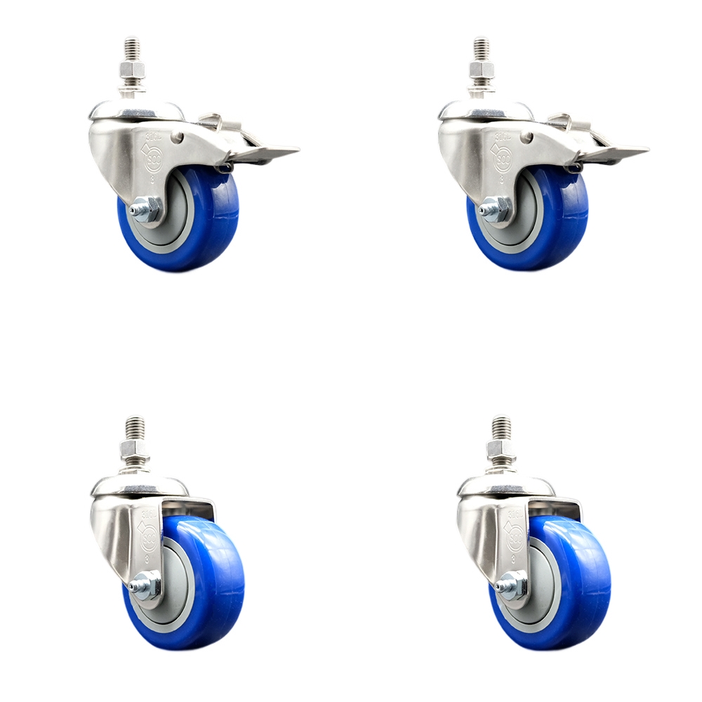 Poly Swivel Stem Caster Set of 4 with 3 Inch Blue Caster Wheels - 3/8" Threaded Stems - 316 Stainless Steel Casters -Includes 2 Swivel Casters with Total Lock Brakes and 2 Swivel-Service Caster Brand — photo 1