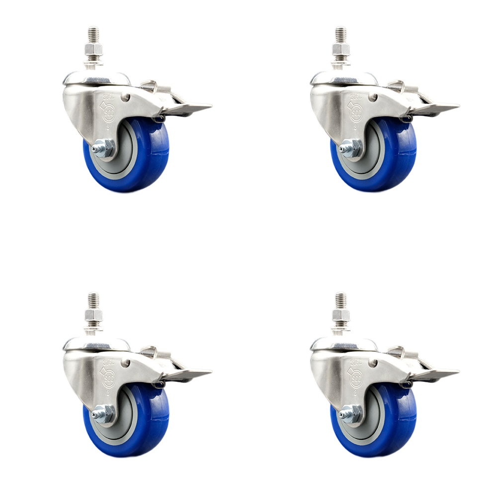 Polyurethane Swivel Stem Caster Set of 4 with 3.5 Inch Blue Caster Wheels - 3/8" Threaded Stems - 316 Stainless Steel Casters - Includes 4 Swivel Casters with Total Lock Brakes - Service Caster Brand — photo 1