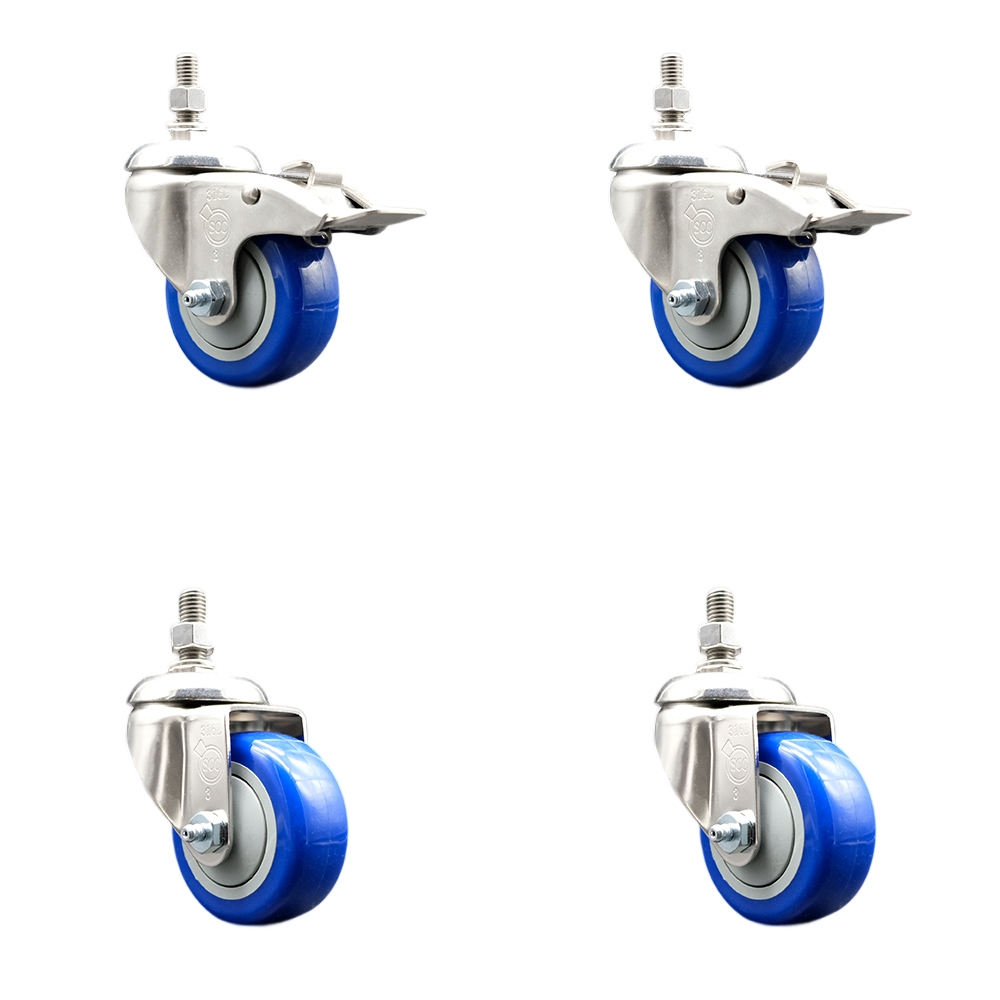 Poly Swivel Stem Caster Set of 4 with 3.5 Inch Blue Caster Wheels-10mm Metric Threaded Stem-316 Stainless Steel Caster-Include 2 Swivel Casters with Total Lock Brake and 2 Swivel-Service Caster Brand — photo 1
