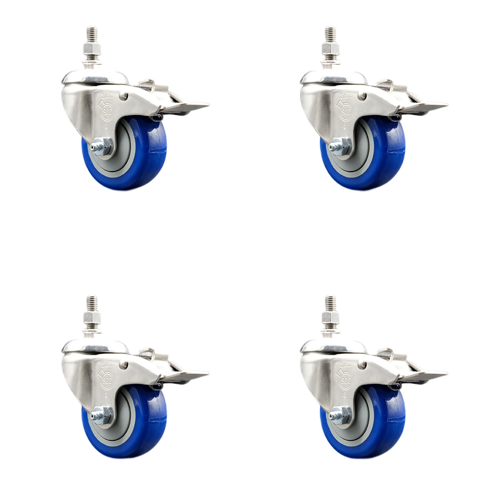 Polyurethane Swivel Stem Caster Set of 4 with 3 Inch Blue Caster Wheels - 10mm Metric Threaded Stems -316 Stainless Steel Casters-Includes 4 Swivel Casters with Total Lock Brakes-Service Caster Brand — photo 1