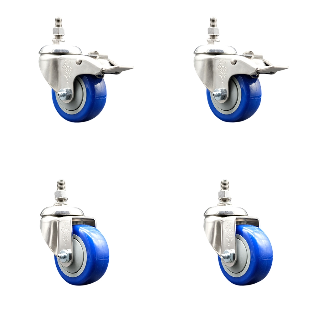 Poly Swivel Stem Caster Set of 4 with 3.5 Inch Blue Caster Wheels-12mm Metric Threaded Stem-316 Stainless Steel Caster-Include 2 Swivel Casters with Total Lock Brake and 2 Swivel-Service Caster Brand — photo 1