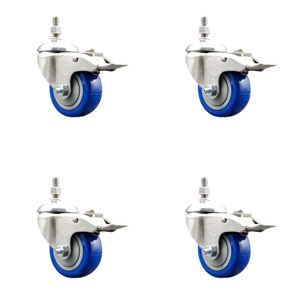 Polyurethane Swivel Stem Caster Set of 4 with 3.5 Inch Blue Caster Wheels-12mm Metric Threaded Stems -316 Stainless Steel Casters-Includes 4 Swivel Casters with Total Lock Brakes-Service Caster Brand — photo 1