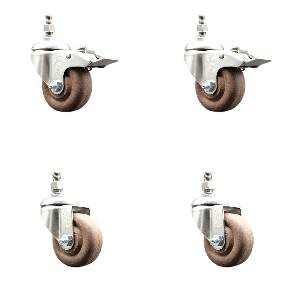 High Temp Glass Filled Nylon Swivel Stem Caster Set of 4 with 3 Inch Caster Wheel-1/2" Threaded Stem-316 Stainless Steel Caster-Include 2 Swivel with Total Lock Brake and 2 Swivel-Service Caster Brand — photo 1