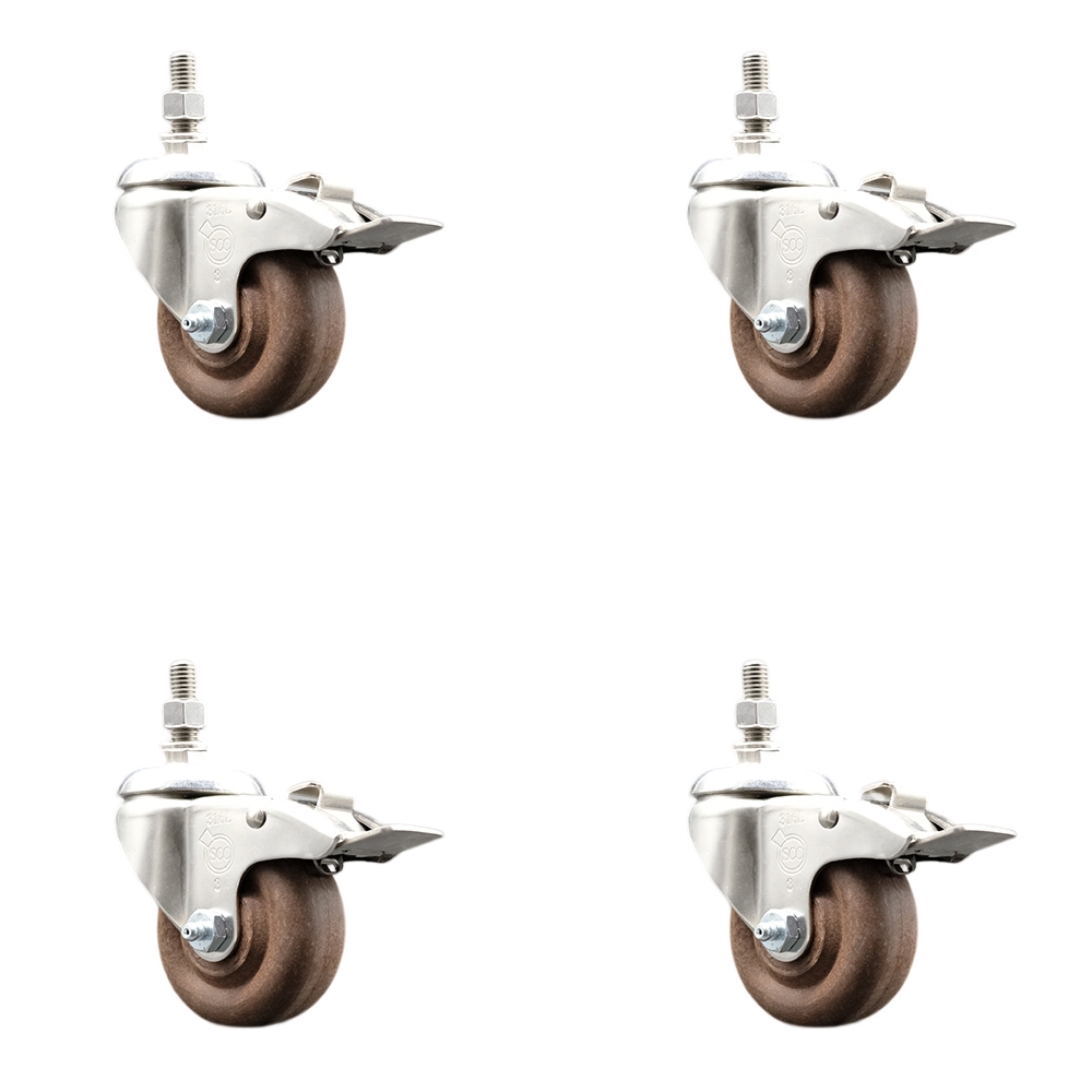 High Temp Glass Filled Nylon Swivel Stem Caster Set of 4 with 3 Inch Caster Wheels - 1/2" Threaded Stems -316 Stainless Steel Caster-Include 4 Swivel Casters with Total Lock Brake-Service Caster Brand — photo 1