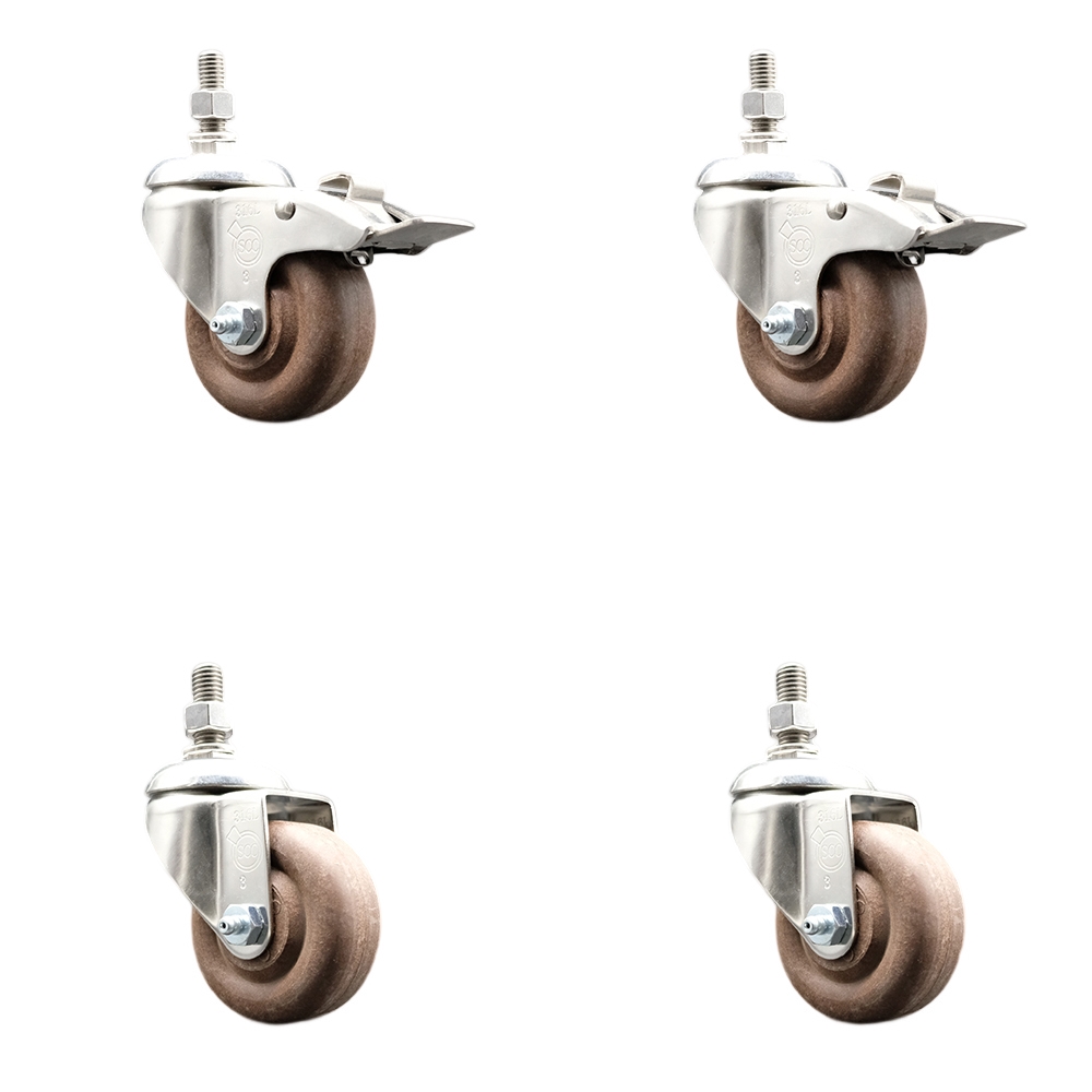 High Temp Glass Filled Nylon Swivel Stem Caster Set of 4 with 3.5 Inch Caster Wheels-3/8" Threaded Stems-316 Stainless Steel Caster-Include 2 Swivel with Total Lock Brake&2 Swivel-Service Caster Brand — photo 1
