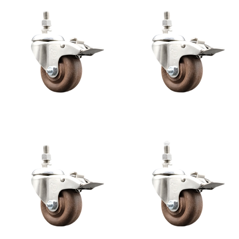 High Temp Glass Filled Nylon Swivel Stem Caster Set of 4 with 3 Inch Caster Wheels - 3/8" Threaded Stems -316 Stainless Steel Caster-Include 4 Swivel Casters with Total Lock Brake-Service Caster Brand — photo 1