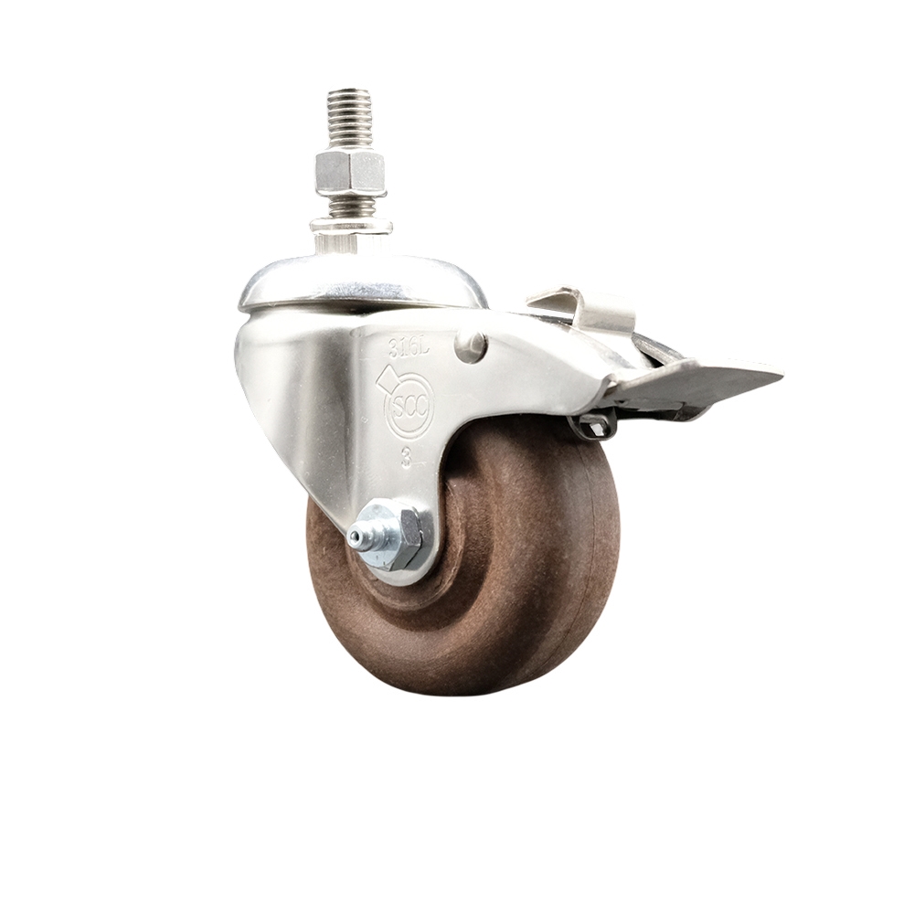 High Temp Glass Filled Nylon Swivel Stem Caster with 3 Inch Brown Caster Wheel and Total Lock Brake-3/8" Threaded Stem- 316 Stainless Steel Caster - 350 lbs. Capacity Per Caster - Service Caster Brand — photo 1