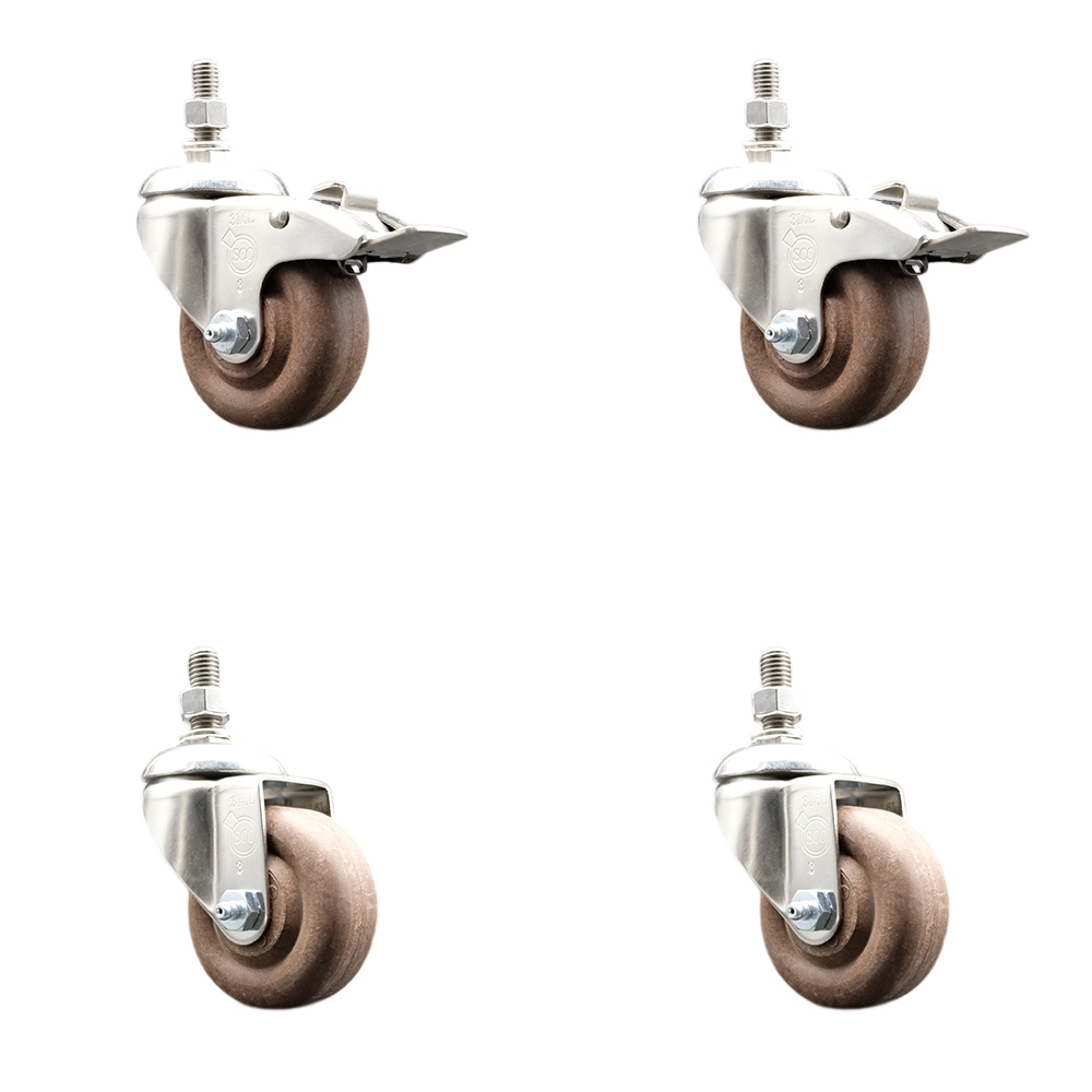 High Temp Glass Filled Nylon Swivel Stem Caster Set of 4 with 3.5 Inch Caster Wheel-10mm Threaded Stem-316 Stainless Steel Caster-Include 2 Swivel with Total Lock Brake & 2 Swivel-Service Caster Brand — photo 1