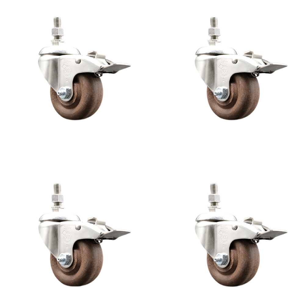 High Temp Glass Filled Nylon Swivel Stem Caster Set of 4 with 3 Inch Caster Wheels-10mm Metric Threaded Stem-316 Stainless Steel Caster-Include 4 Swivel Caster w/Total Lock Brakes-Service Caster Brand — photo 1