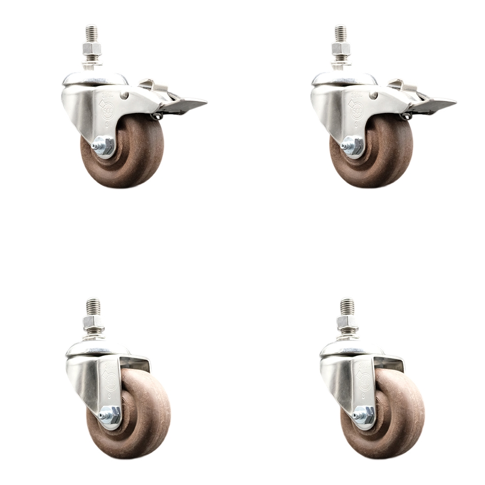 High Temp Glass Filled Nylon Swivel Stem Caster Set of 4 with 3.5 Inch Caster Wheel-12mm Threaded Stem-316 Stainless Steel Caster-Include 2 Swivel with Total Lock Brake & 2 Swivel-Service Caster Brand — photo 1
