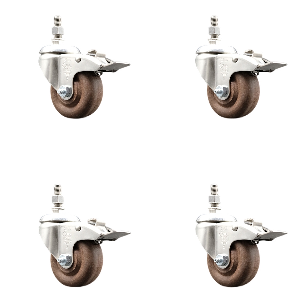 High Temp Glass Filled Nylon Swivel Stem Caster Set of 4 with 3.5 Inch Caster Wheels-12mm Threaded Stem- 316 Stainless Steel Caster -Include 4 Swivel Caster with Total Lock Brakes-Service Caster Brand — photo 1
