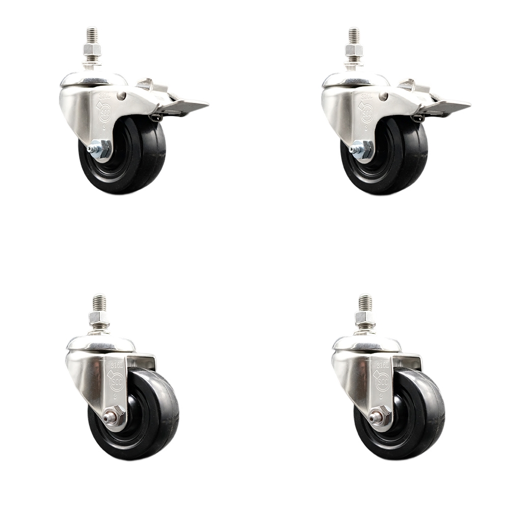 Hard Rubber Swivel Stem Caster Set of 4 with 3 Inch Caster Wheels - 1/2" Threaded Stems - 316 Stainless Steel Casters-Includes 2 Swivel Casters with Total Lock Brakes and 2 Swivel-Service Caster Brand — photo 1