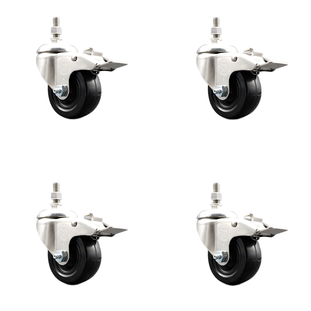 Soft Rubber Swivel Stem Caster Set of 4 with 3 Inch Caster Wheels - 1/2" Threaded Stems - 316 Stainless Steel Casters - Includes 4 Swivel Casters with Total Lock Brakes - Service Caster Brand — photo 1