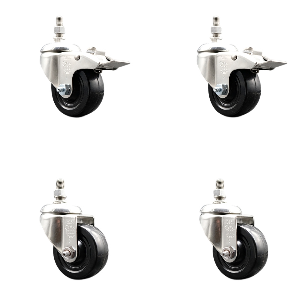 Soft Rubber Swivel Stem Caster Set of 4 with 3 Inch Caster Wheels - 3/8" Threaded Stems - 316 Stainless Steel Casters-Includes 2 Swivel Casters with Total Lock Brakes and 2 Swivel-Service Caster Brand — photo 1