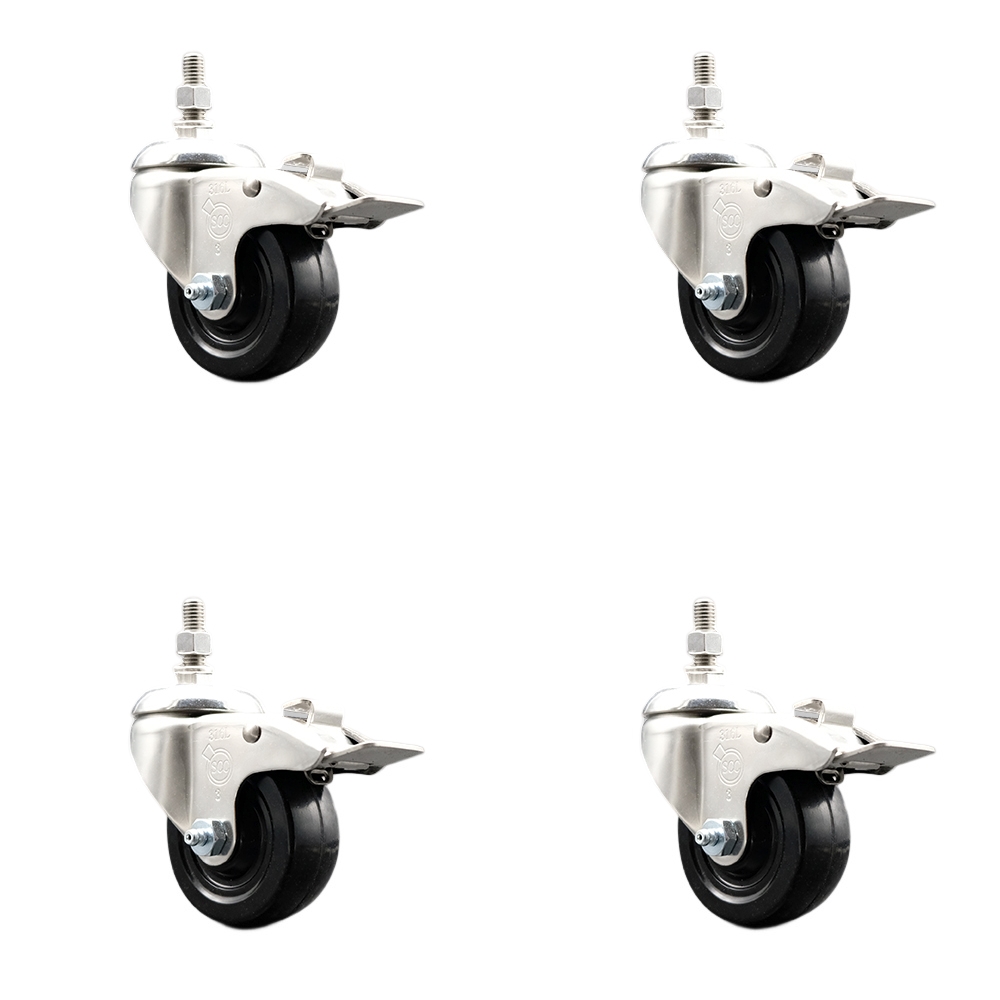 Soft Rubber Swivel Stem Caster Set of 4 with 3 Inch Caster Wheels - 3/8" Threaded Stems - 316 Stainless Steel Casters - Includes 4 Swivel Casters with Total Lock Brakes - Service Caster Brand — photo 1