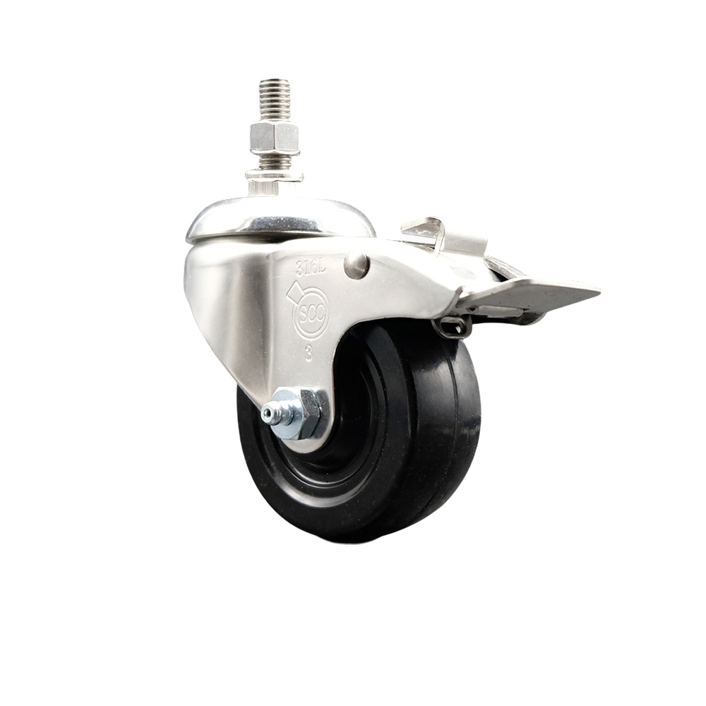 Soft Rubber Swivel Stem Caster with 3 Inch Black Caster Wheel and Total Lock Brake - 3/8" Threaded Stem - 316 Stainless Steel Caster - 175 lbs. Capacity Per Caster - Service Caster Brand — photo 1