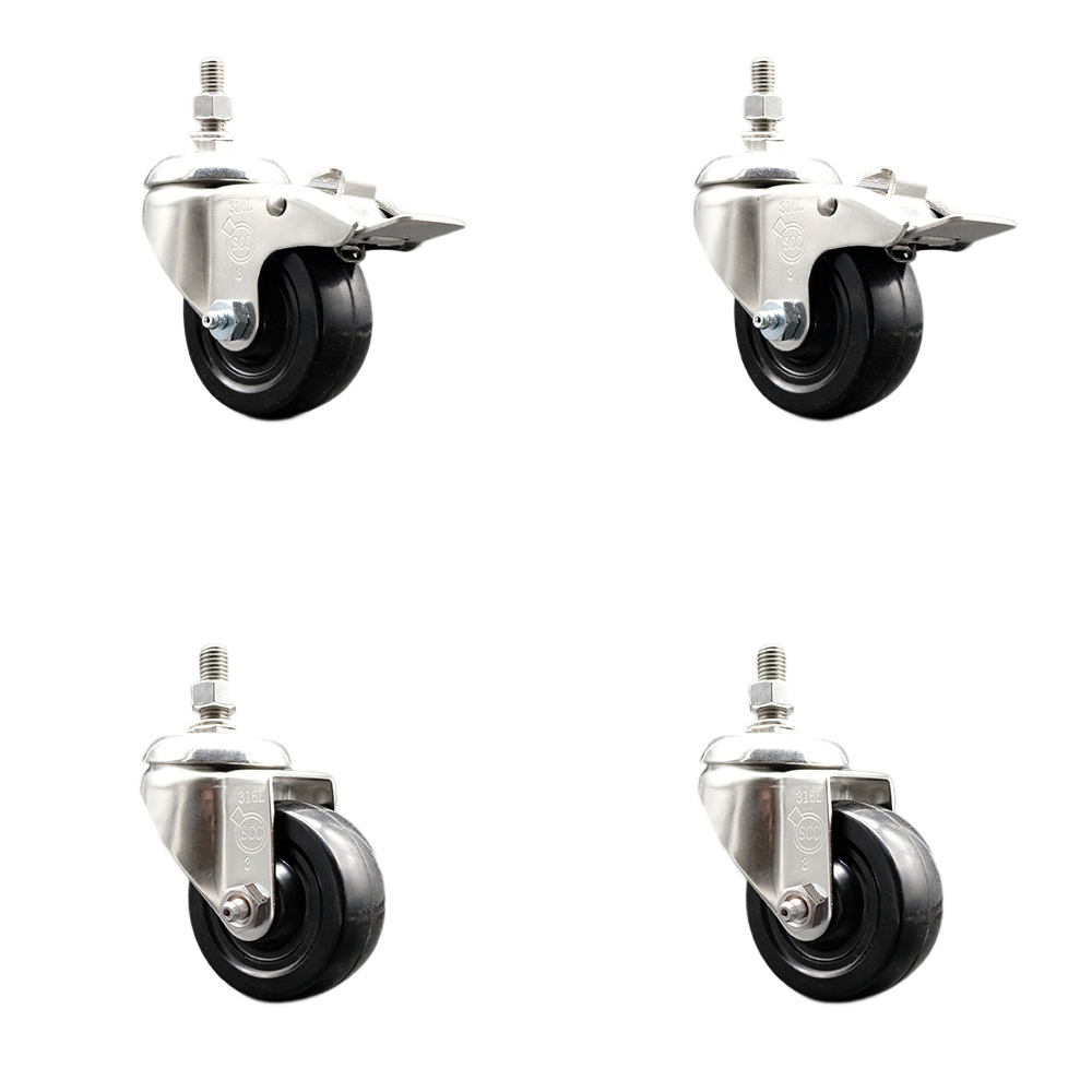 Soft Rubber Swivel Stem Caster Set of 4 with 3 Inch Caster Wheels-10mm Metric Threaded Stems-316 Stainless Steel Caster-Include 2 Swivel Casters with Total Lock Brake and 2 Swivel-Service Caster Brand — photo 1