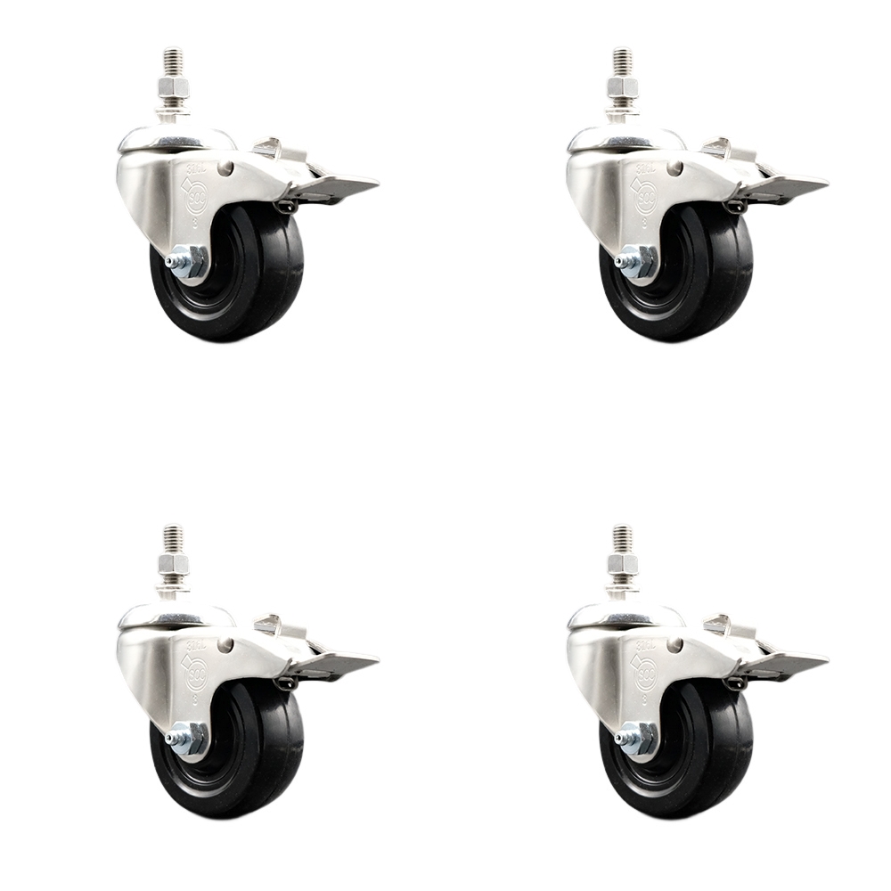Soft Rubber Swivel Stem Caster Set of 4 with 3.5 Inch Caster Wheels - 10mm Metric Threaded Stems - 316 Stainless Steel Casters - Includes 4 Swivel Casters with Total Lock Brakes - Service Caster Brand — photo 1