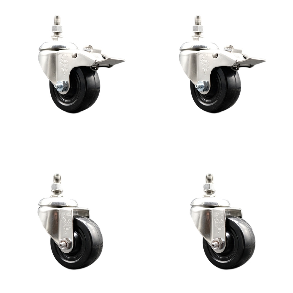 Soft Rubber Swivel Stem Caster Set of 4 with 3.5 Inch Caster Wheels-12mm Threaded Stems-316 Stainless Steel Casters-Includes 2 Swivel Casters with Total Lock Brakes and 2 Swivel - Service Caster Brand — photo 1