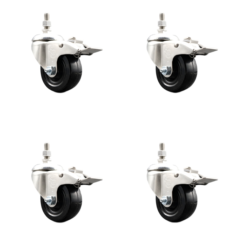 Soft Rubber Swivel Stem Caster Set of 4 with 3 Inch Caster Wheels - 12mm Metric Threaded Stems - 316 Stainless Steel Casters - Includes 4 Swivel Casters with Total Lock Brakes - Service Caster Brand — photo 1