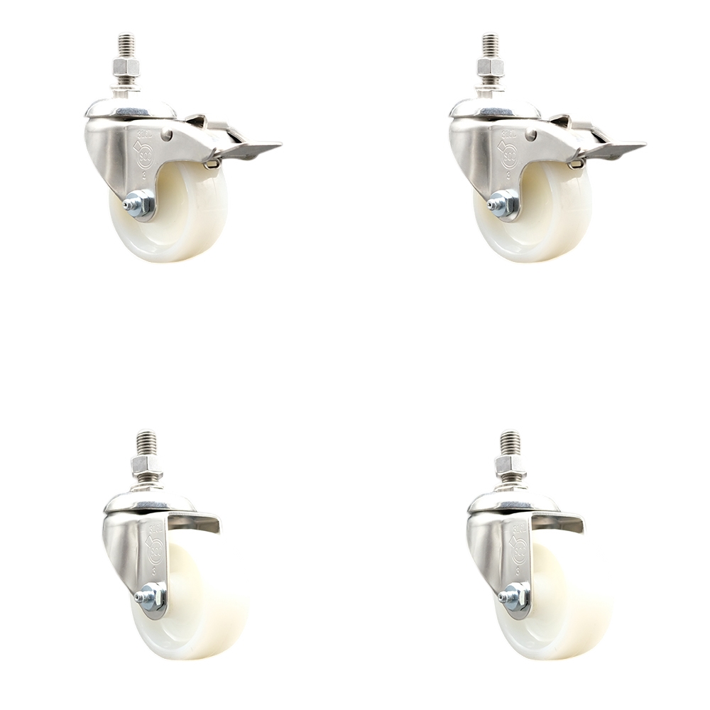 Nylon Swivel Stem Caster Set of 4 with 3 Inch Caster Wheels - 1/2" Threaded Stems - 316 Stainless Steel Casters - Includes 2 Swivel Casters with Total Lock Brakes and 2 Swivel - Service Caster Brand — photo 1