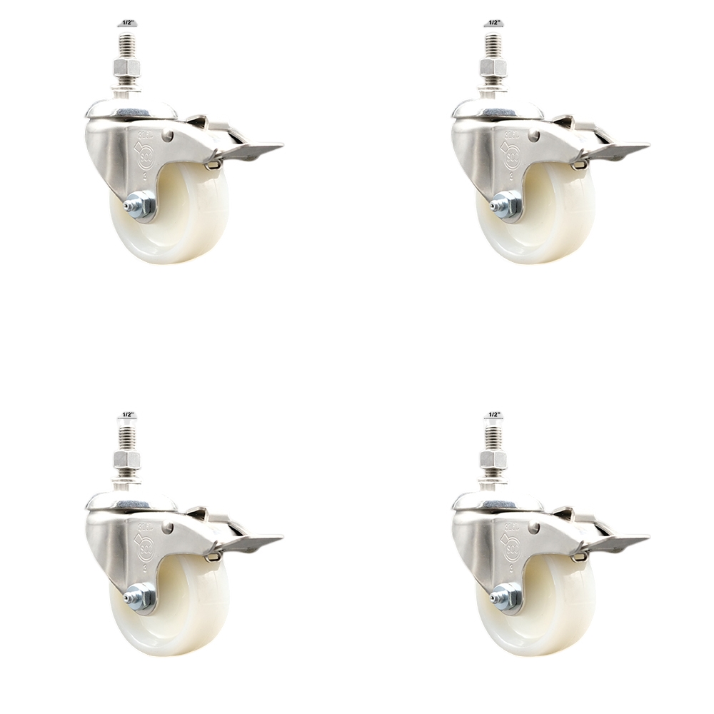 Nylon Swivel Stem Caster Set of 4 with 3 Inch Caster Wheels - 1/2" Threaded Stems - 316 Stainless Steel Casters - Includes 4 Swivel Casters with Total Lock Brakes - Service Caster Brand — photo 1