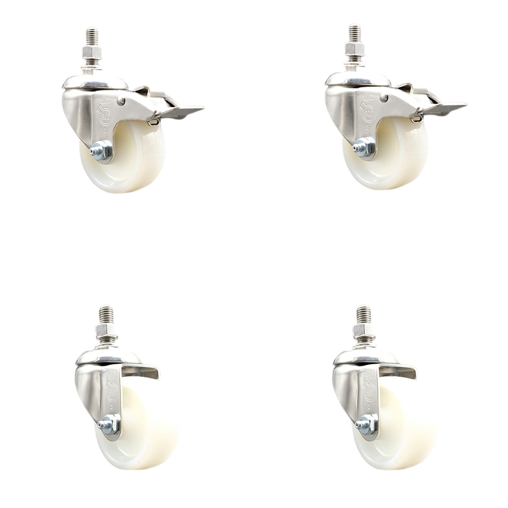 Nylon Swivel Stem Caster Set of 4 with 3 Inch Caster Wheels - 3/8" Threaded Stems - 316 Stainless Steel Casters - Includes 2 Swivel Casters with Total Lock Brakes and 2 Swivel - Service Caster Brand — photo 1