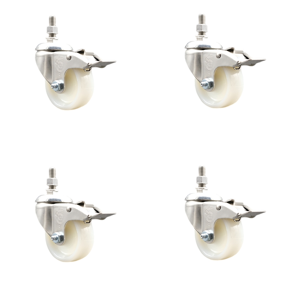 Nylon Swivel Stem Caster Set of 4 with 3 Inch Caster Wheels - 3/8" Threaded Stems - 316 Stainless Steel Casters - Includes 4 Swivel Casters with Total Lock Brakes - Service Caster Brand — photo 1