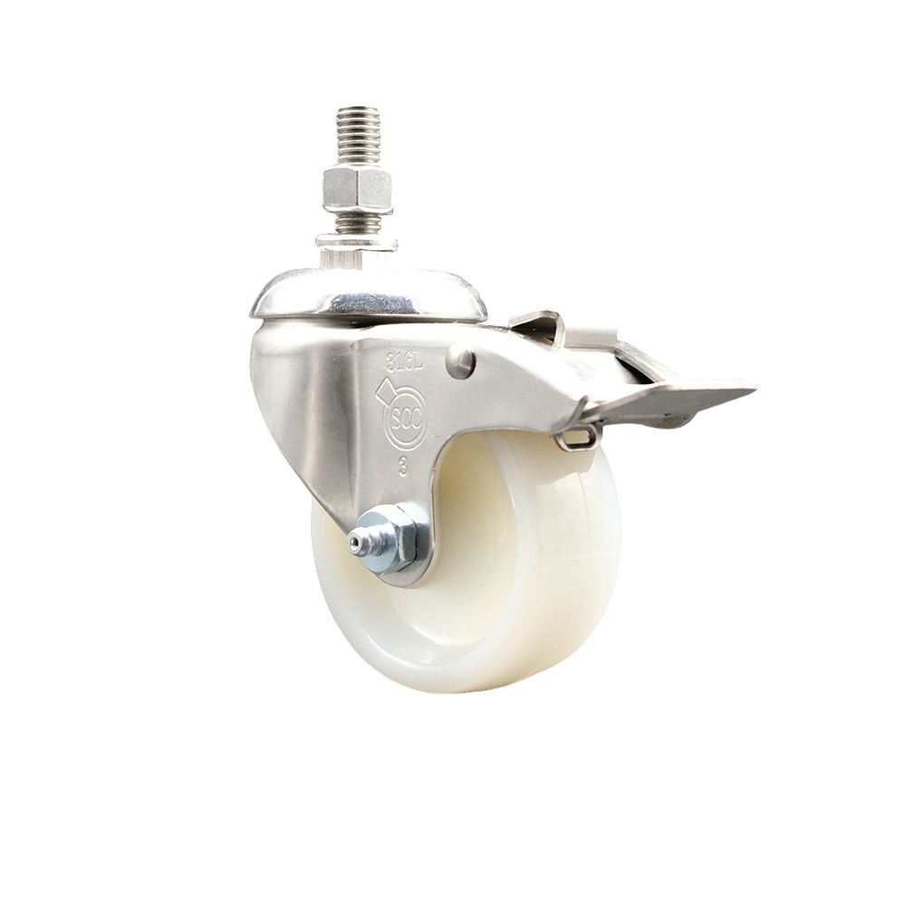 Nylon Swivel Stem Caster with 3 Inch White Caster Wheel and Total Lock Brake - 3/8" Threaded Stem - 316 Stainless Steel Caster - 300 lbs. Capacity Per Caster - Service Caster Brand — photo 1