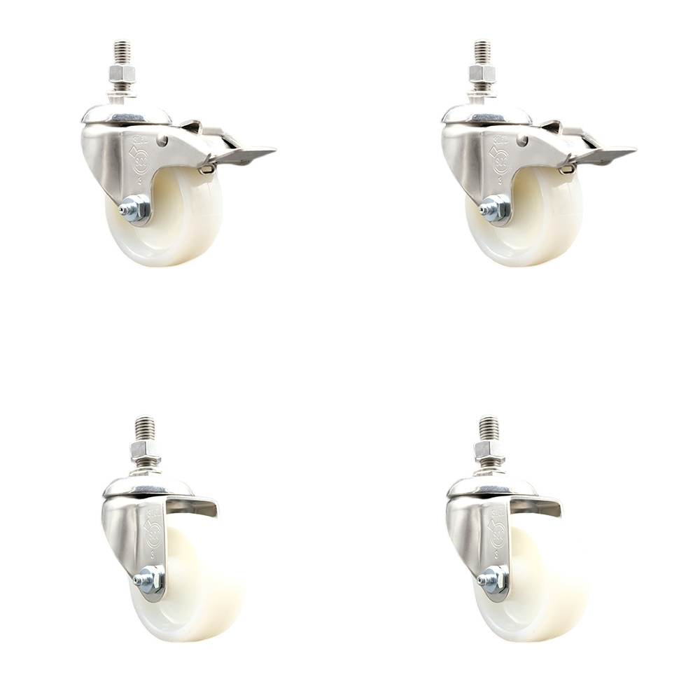Nylon Swivel Stem Caster Set of 4 with 3 Inch Caster Wheels - 10mm Metric Threaded Stems -316 Stainless Steel Casters-Includes 2 Swivel Casters with Total Lock Brakes and 2 Swivel-Service Caster Brand — photo 1