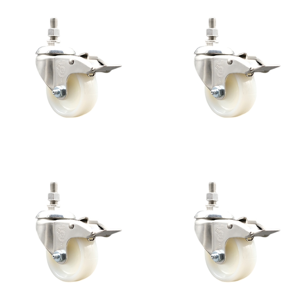 Nylon Swivel Stem Caster Set of 4 with 3 Inch Caster Wheels - 10mm Metric Threaded Stems - 316 Stainless Steel Casters - Includes 4 Swivel Casters with Total Lock Brakes - Service Caster Brand — photo 1