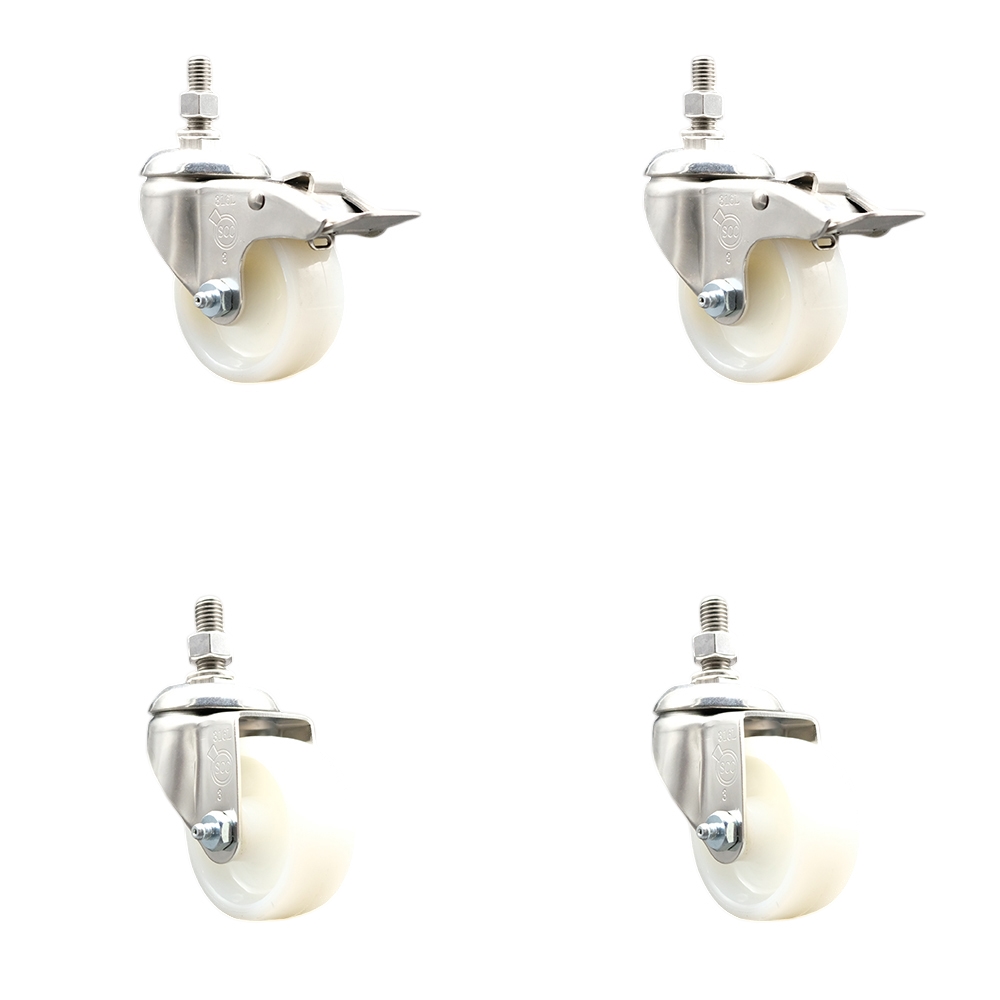 Nylon Swivel Stem Caster Set of 4 with 3 Inch Caster Wheels - 12mm Metric Threaded Stems -316 Stainless Steel Casters-Includes 2 Swivel Casters with Total Lock Brakes and 2 Swivel-Service Caster Brand — photo 1
