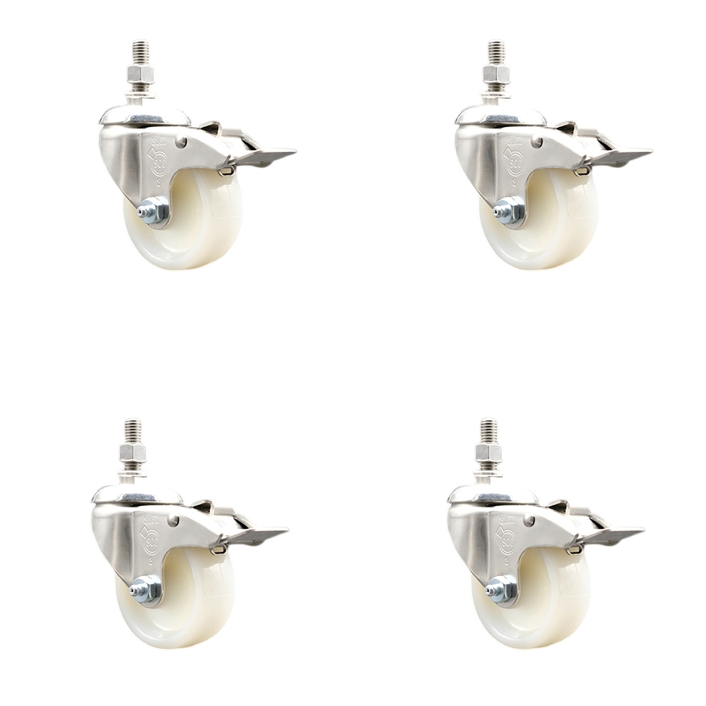 Nylon Swivel Stem Caster Set of 4 with 3 Inch Caster Wheels - 12mm Metric Threaded Stems - 316 Stainless Steel Casters - Includes 4 Swivel Casters with Total Lock Brakes - Service Caster Brand — photo 1