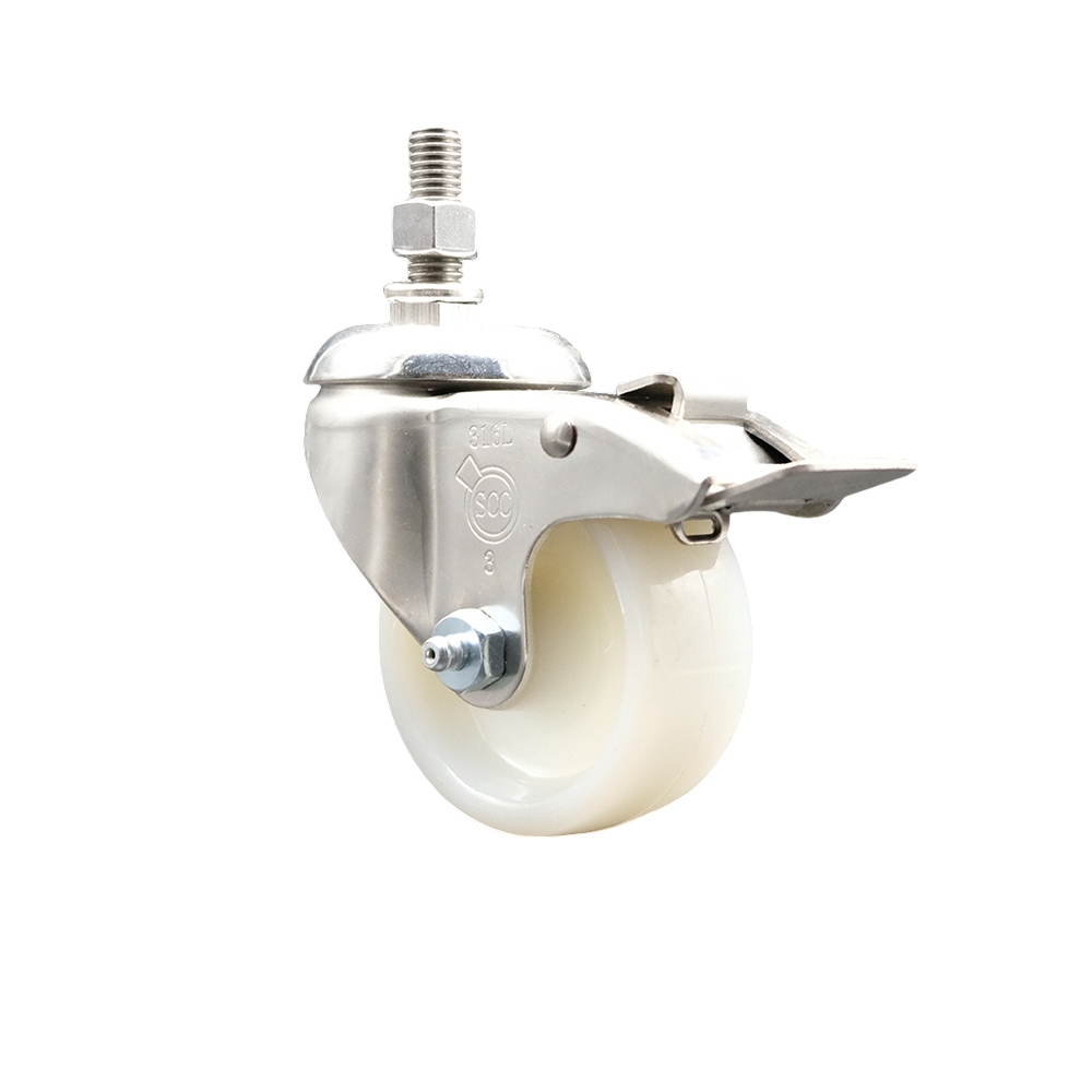 Nylon Swivel Stem Caster with 3 Inch White Caster Wheel and Total Lock Brake - 12mm Metric Threaded Stem - 316 Stainless Steel Caster - 300 lbs. Capacity Per Caster - Service Caster Brand — photo 1