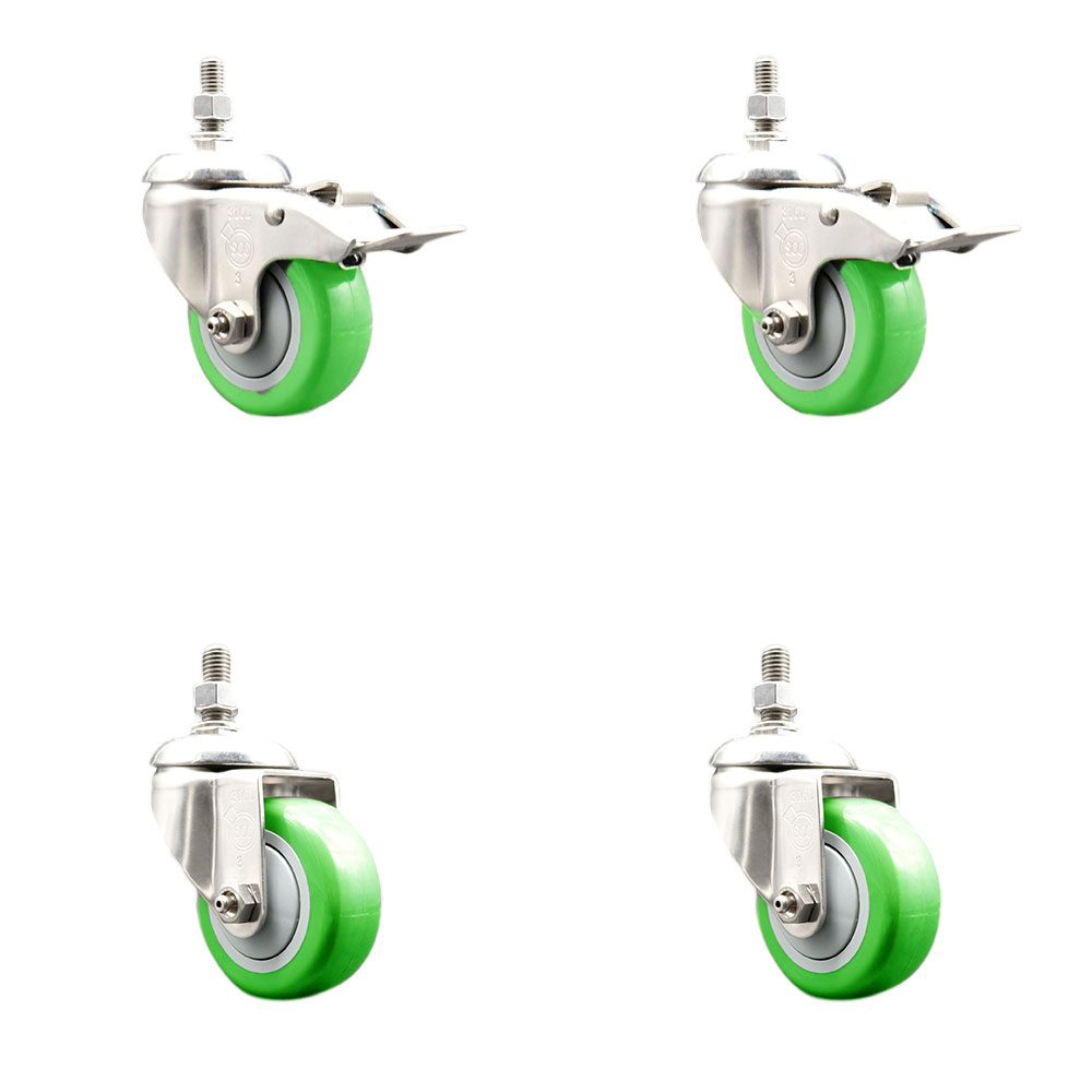 Poly Swivel Stem Caster Set of 4 with 3.5 Inch Green Caster Wheels - 1/2" Threaded Stems -316 Stainless Steel Casters-Includes 2 Swivel Casters with Total Lock Brakes and 2 Swivel-Service Caster Brand — photo 1