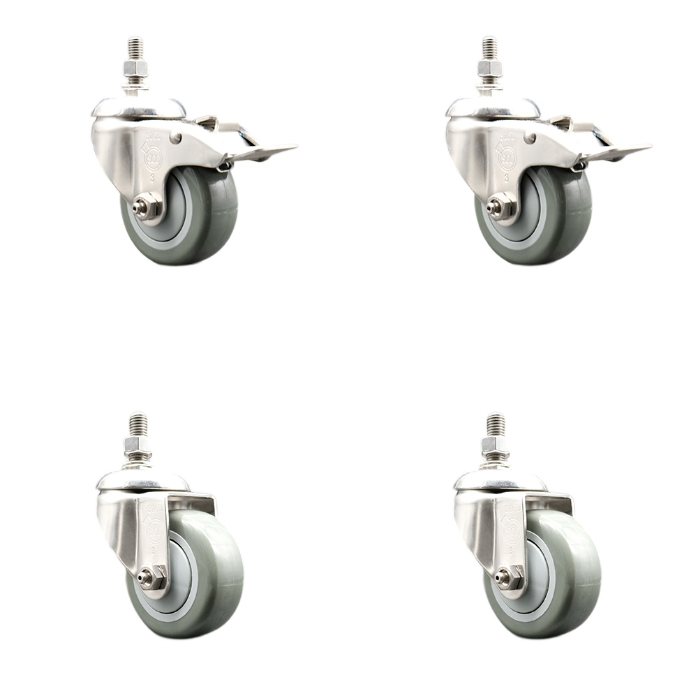 Poly Swivel Stem Caster Set of 4 with 3.5 Inch Gray Caster Wheels - 1/2" Threaded Stems -316 Stainless Steel Casters-Includes 2 Swivel Casters with Total Lock Brakes and 2 Swivel-Service Caster Brand — photo 1