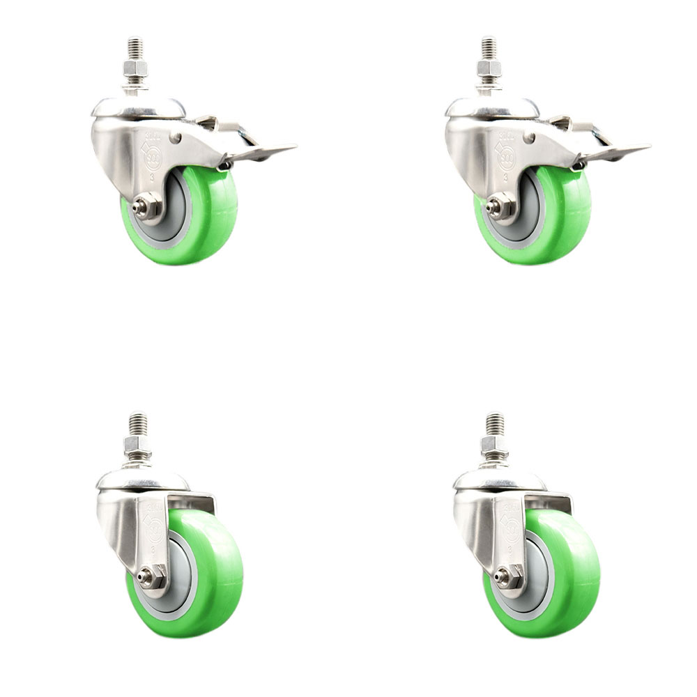 Poly Swivel Stem Caster Set of 4 with 3 Inch Green Caster Wheels - 1/2" Threaded Stems - 316 Stainless Steel Casters -Includes 2 Swivel Casters with Total Lock Brakes and 2 Swivel-Service Caster Brand — photo 1